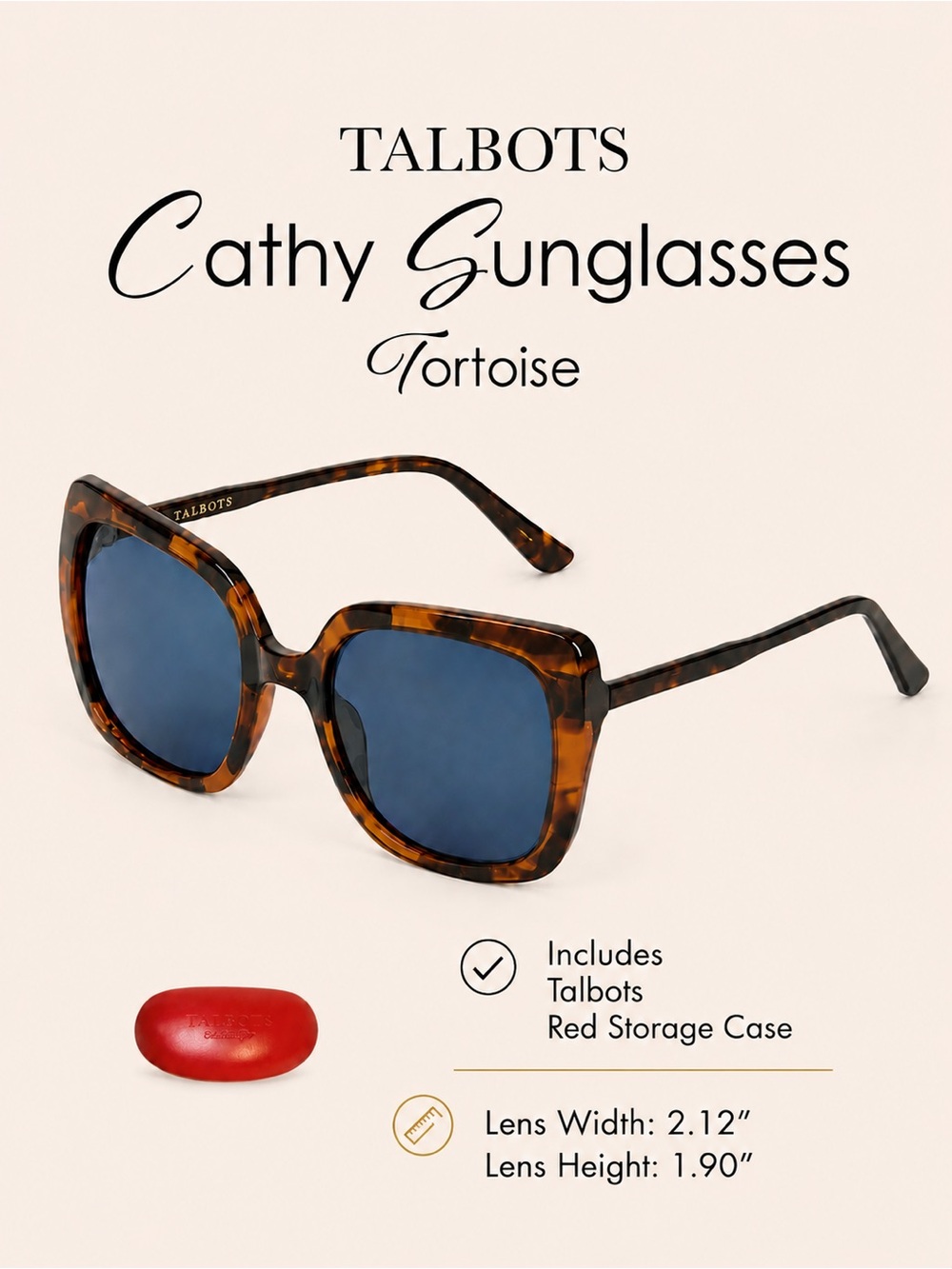 Talbots Tortoise Print Square Sunglasses with Talbots Red Case NWT